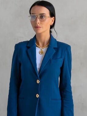Care Tucker Morrison Interlock Blue Blazer Cotton Gold Buttons M (6-8)